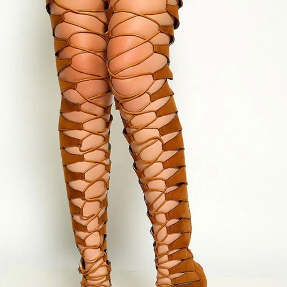 Tan Suede Lace Up  Thigh High Boots Faux Suede